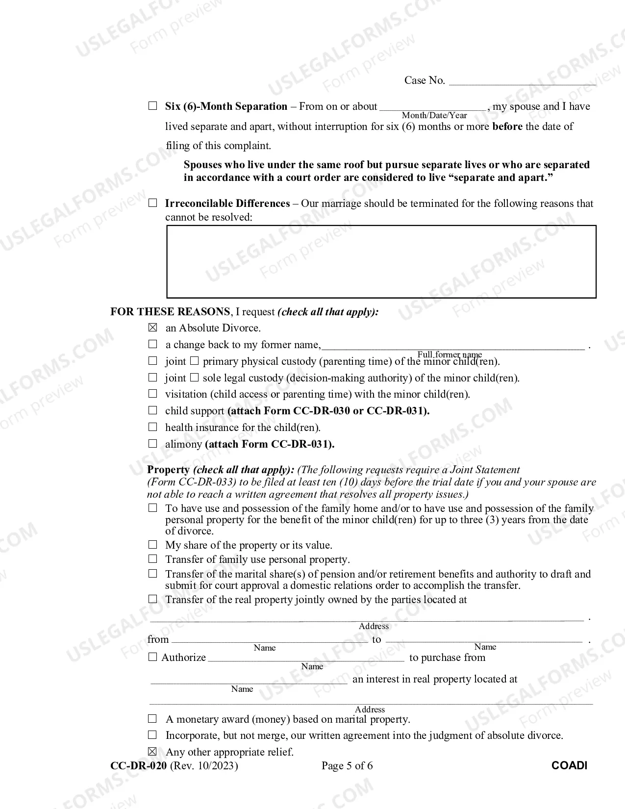 Preview Complaint for Absolute Divorce for People with Adult children