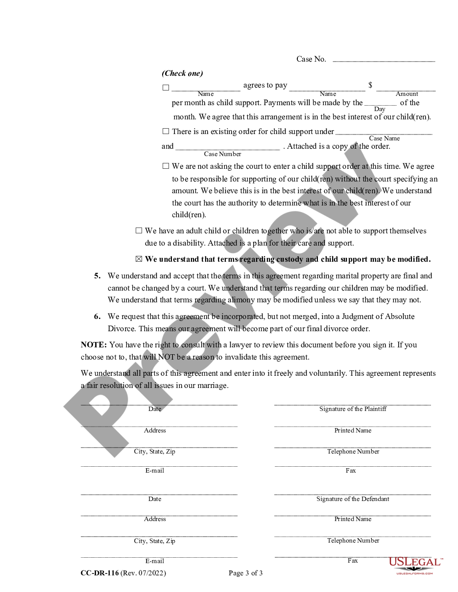Maryland Marital Domestic Separation and Property Settlement Agreement