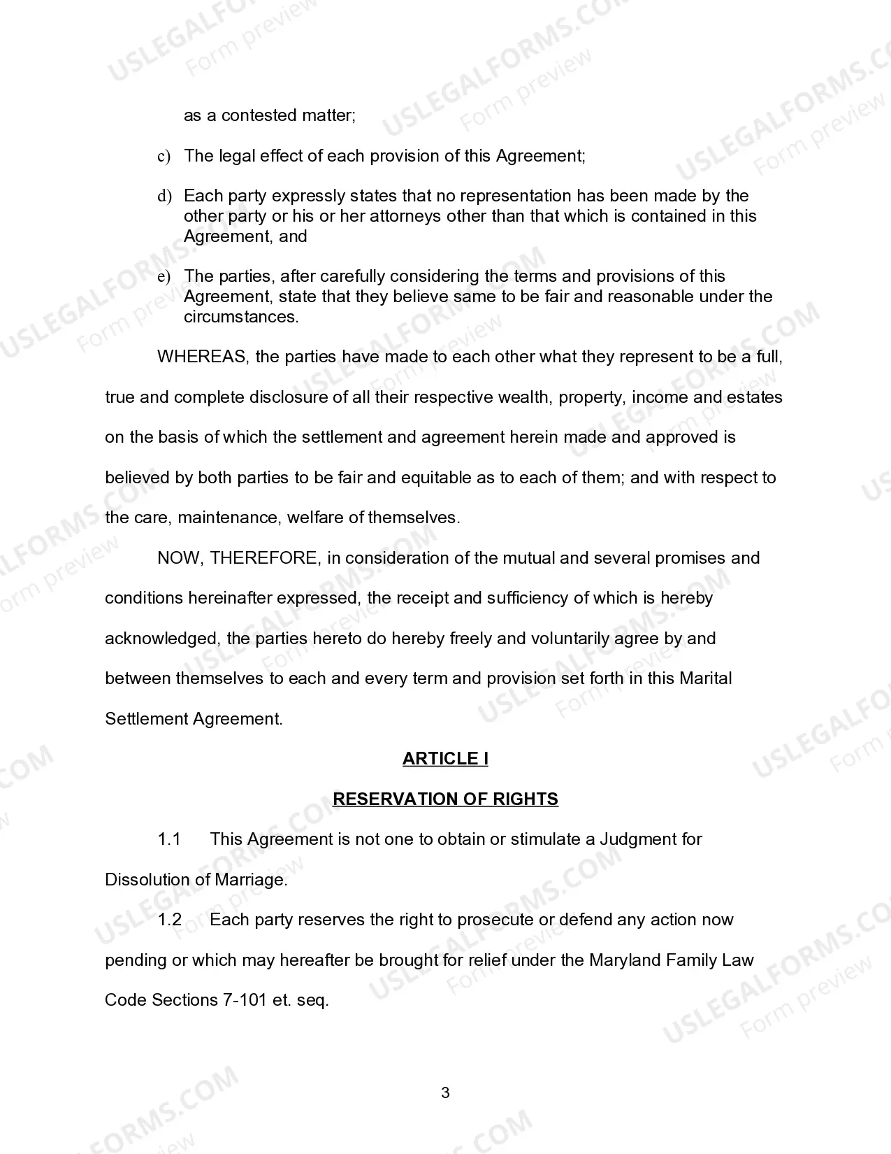 Preview Marital Settlement Agreement