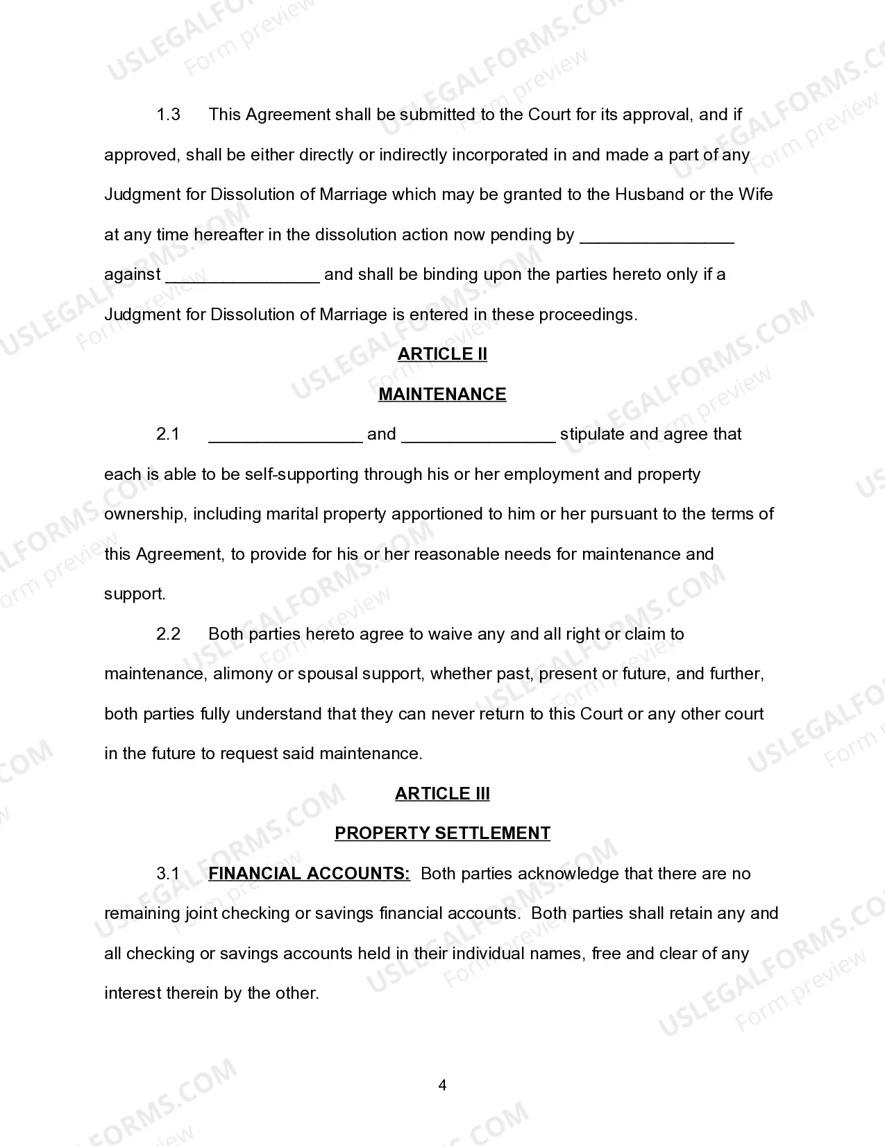 Preview Marital Settlement Agreement