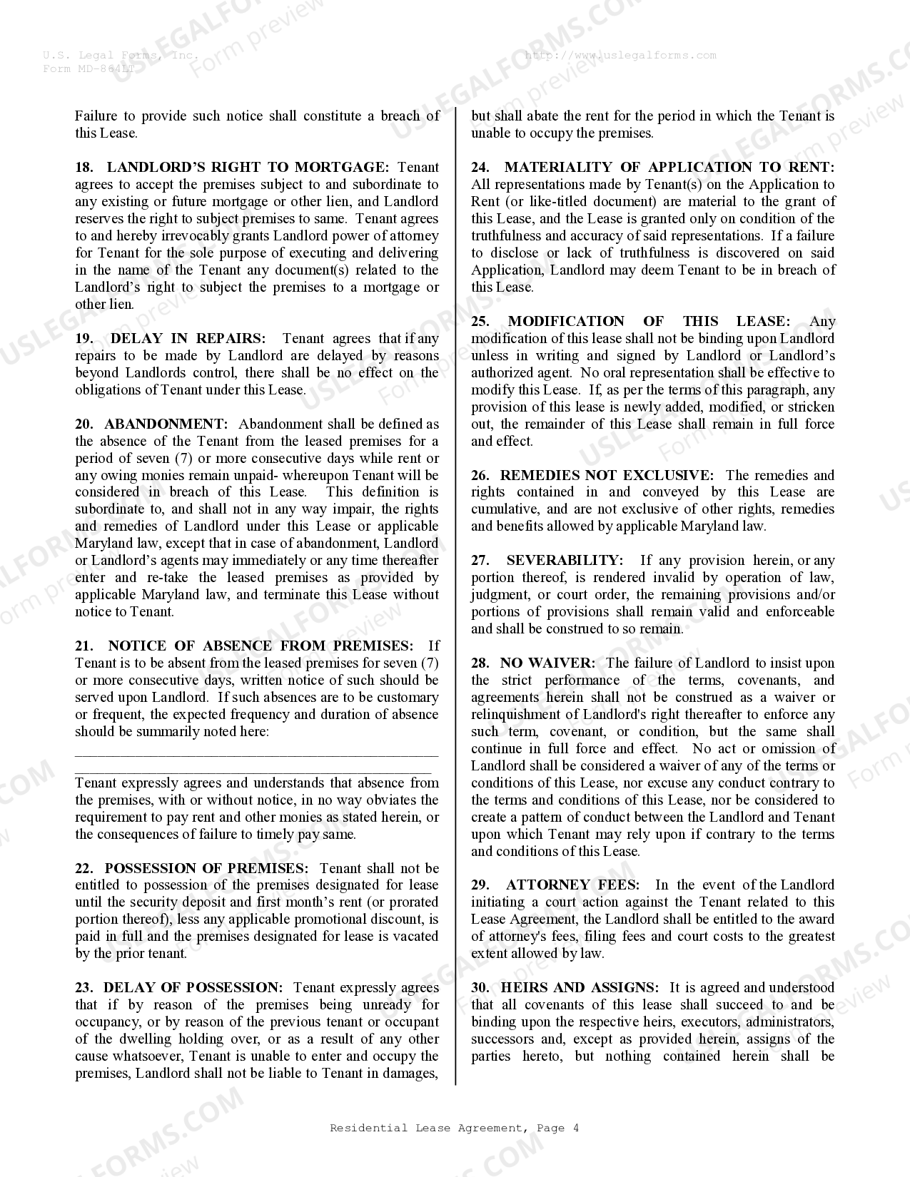Maryland Residential Rental Lease Agreement
