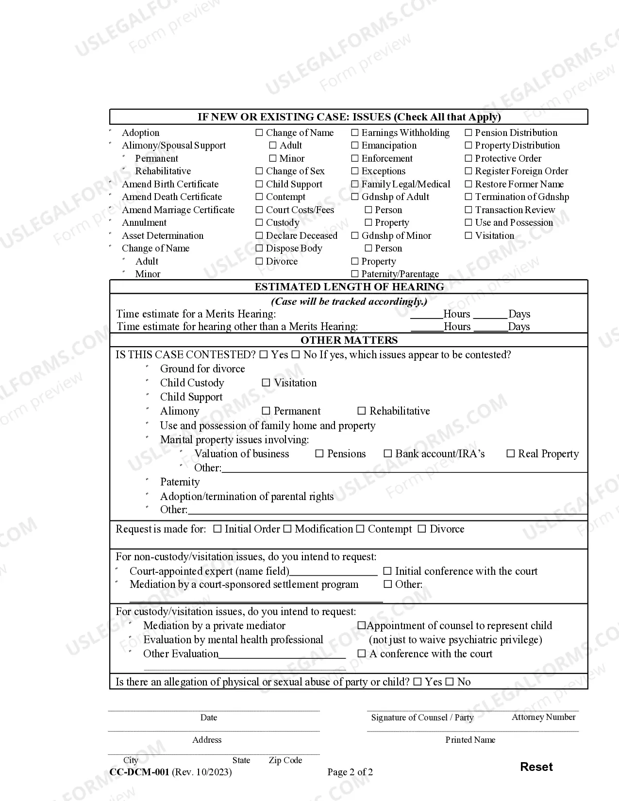 Preview Civil - Domestic Case Information Report