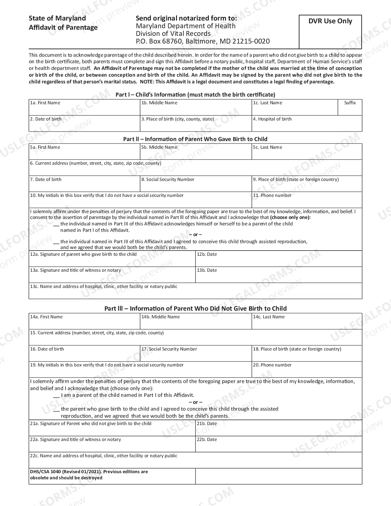 Preview Affidavit of Parentage