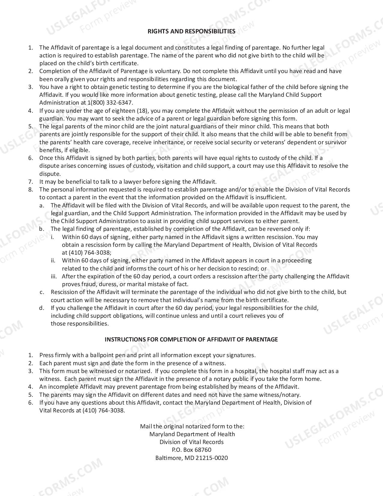 Preview Affidavit of Parentage