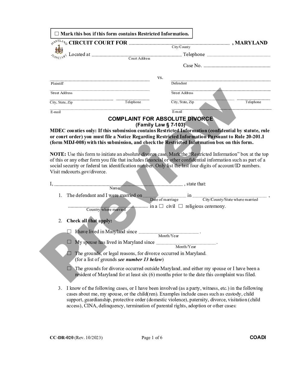 form Complaint for Absolute Divorce preview