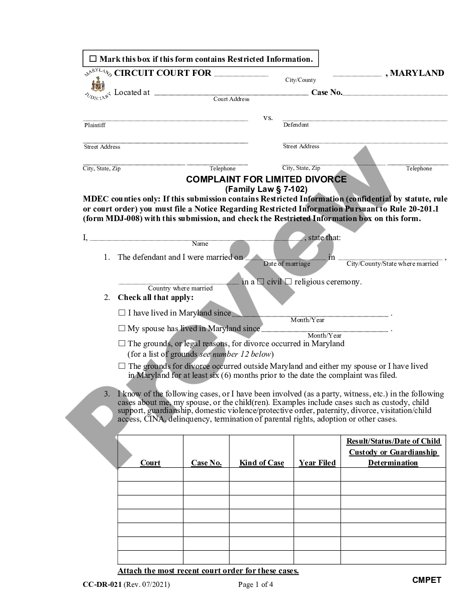 form Complaint for Limited Divorce preview