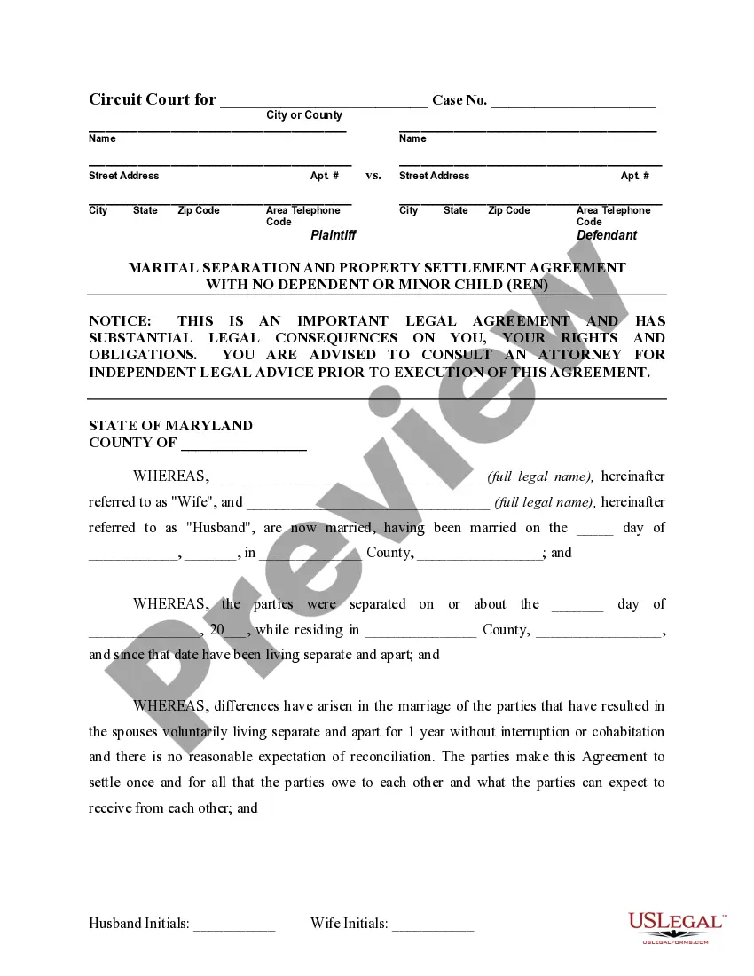 Preview Marital Domestic Separation and Property Settlement Agreement for persons with No Children, No Joint Property or Debts where Divorce Action Filed