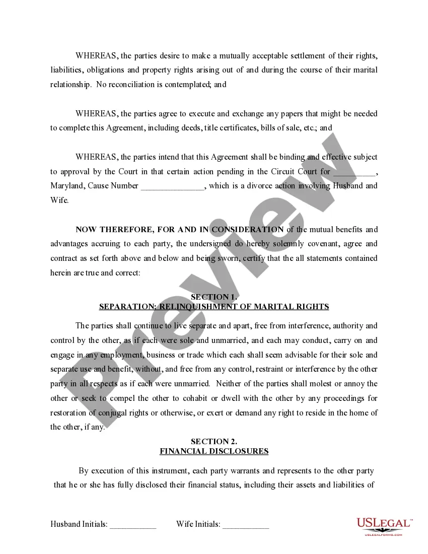 Preview Marital Domestic Separation and Property Settlement Agreement for persons with No Children, No Joint Property or Debts where Divorce Action Filed