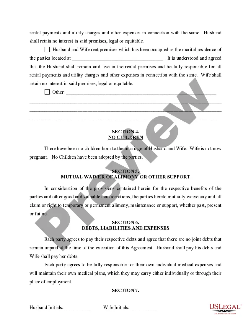 Preview Marital Domestic Separation and Property Settlement Agreement for persons with No Children, No Joint Property or Debts where Divorce Action Filed