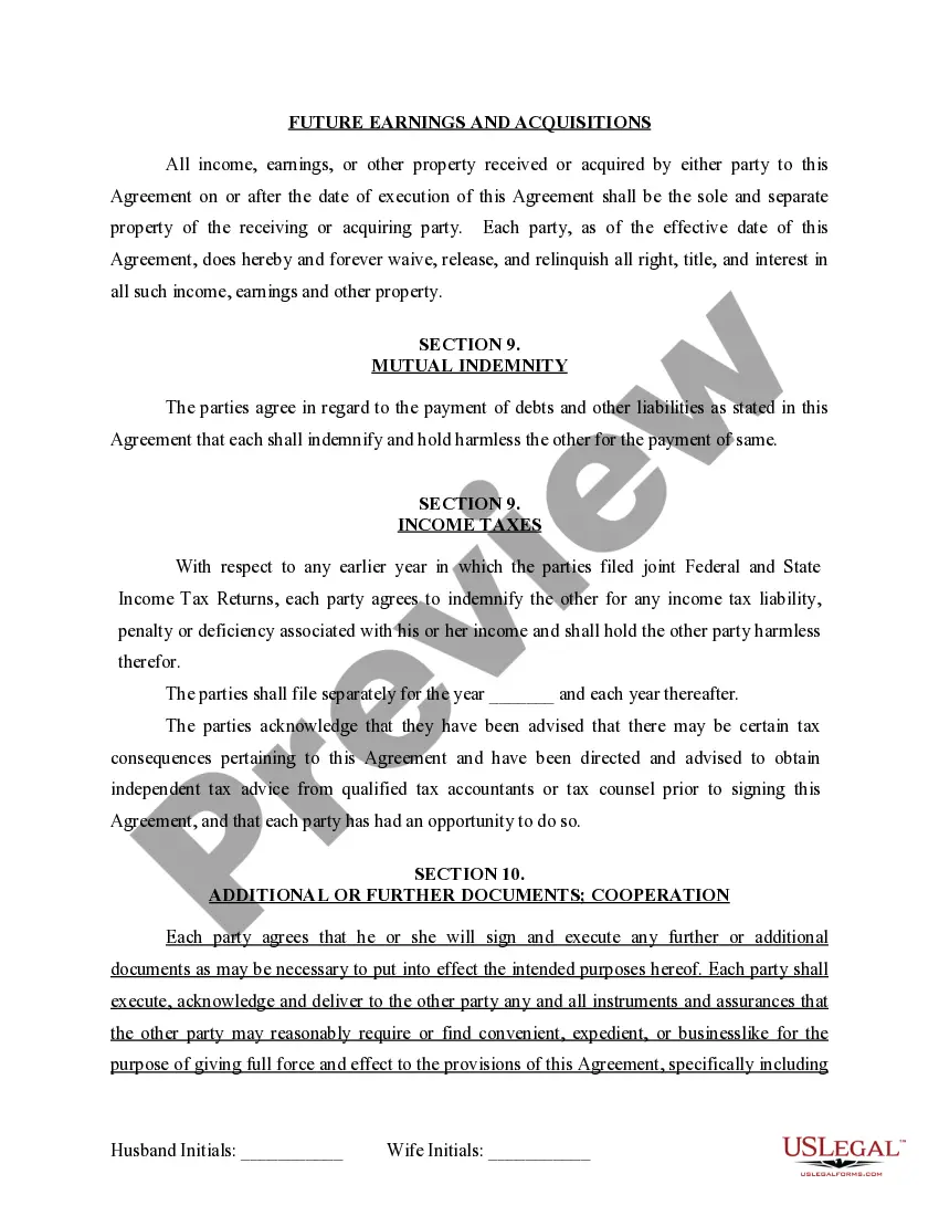 Preview Marital Domestic Separation and Property Settlement Agreement for persons with No Children, No Joint Property or Debts where Divorce Action Filed