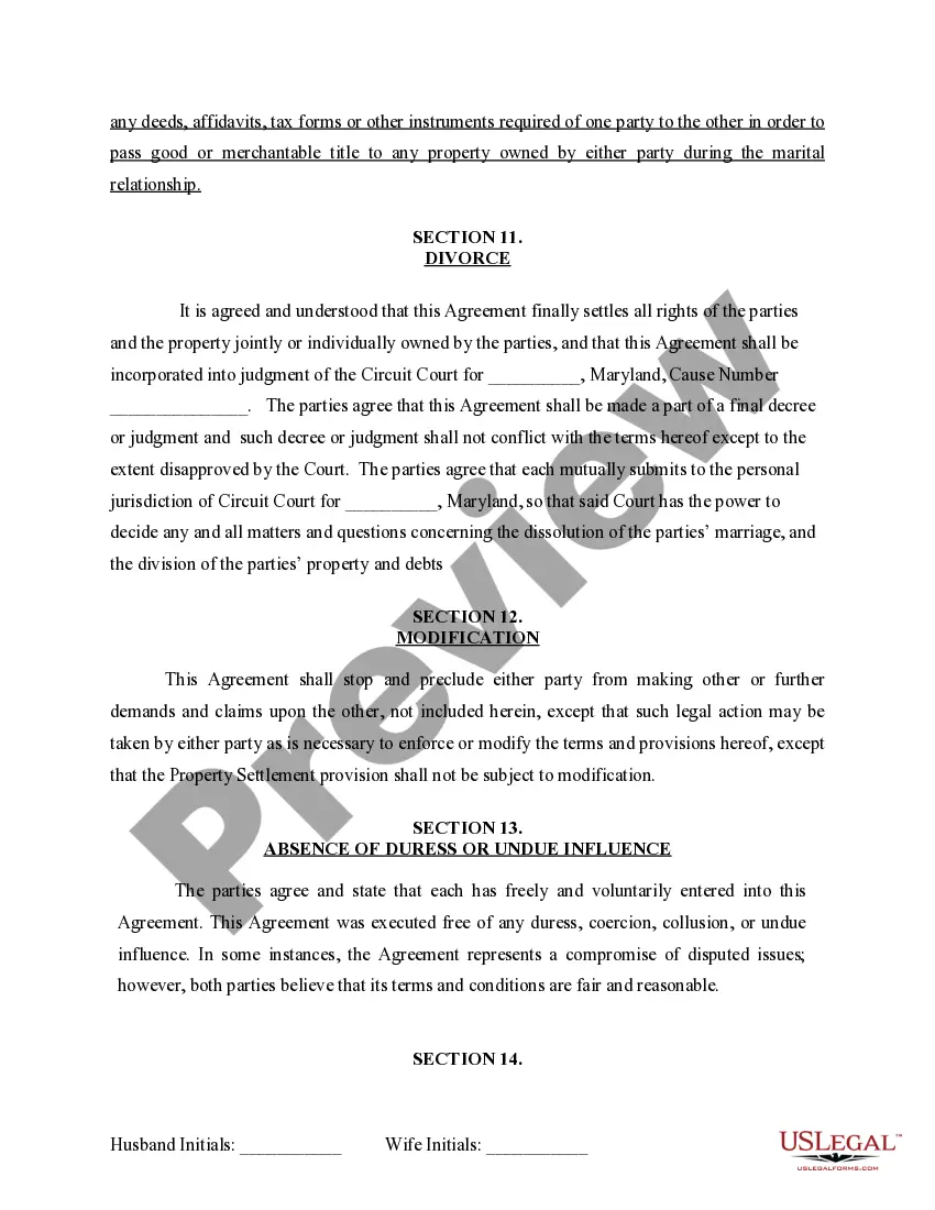 Preview Marital Domestic Separation and Property Settlement Agreement for persons with No Children, No Joint Property or Debts where Divorce Action Filed