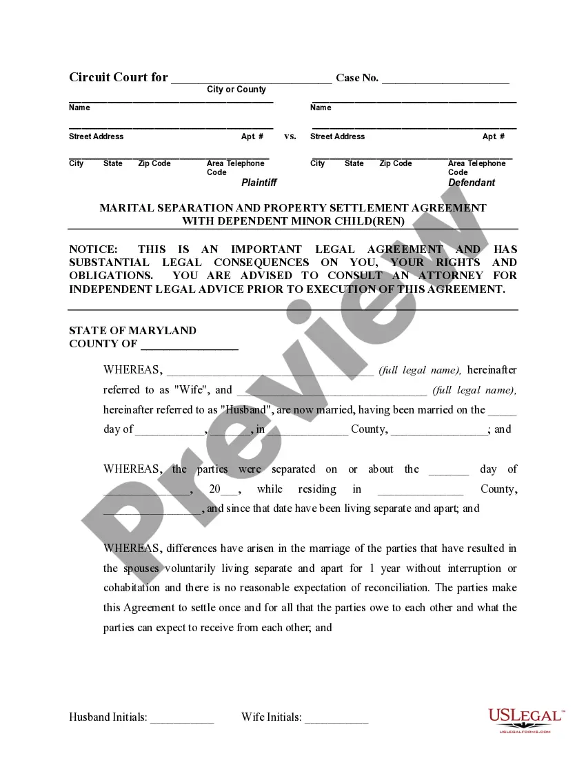 Preview Marital Domestic Separation and Property Settlement Agreement Minor Children no Joint Property or Debts where Divorce Action Filed