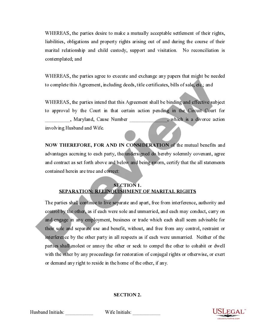 Preview Marital Domestic Separation and Property Settlement Agreement Minor Children no Joint Property or Debts where Divorce Action Filed