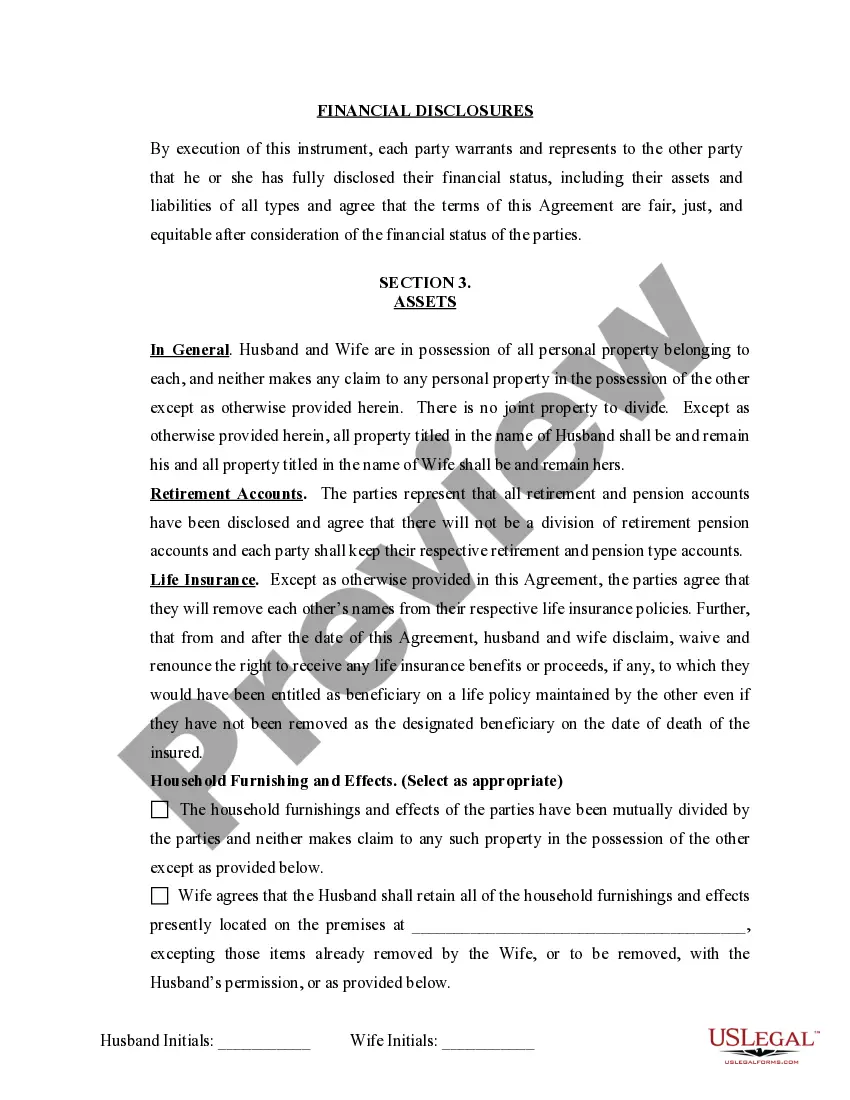 Preview Marital Domestic Separation and Property Settlement Agreement Minor Children no Joint Property or Debts where Divorce Action Filed