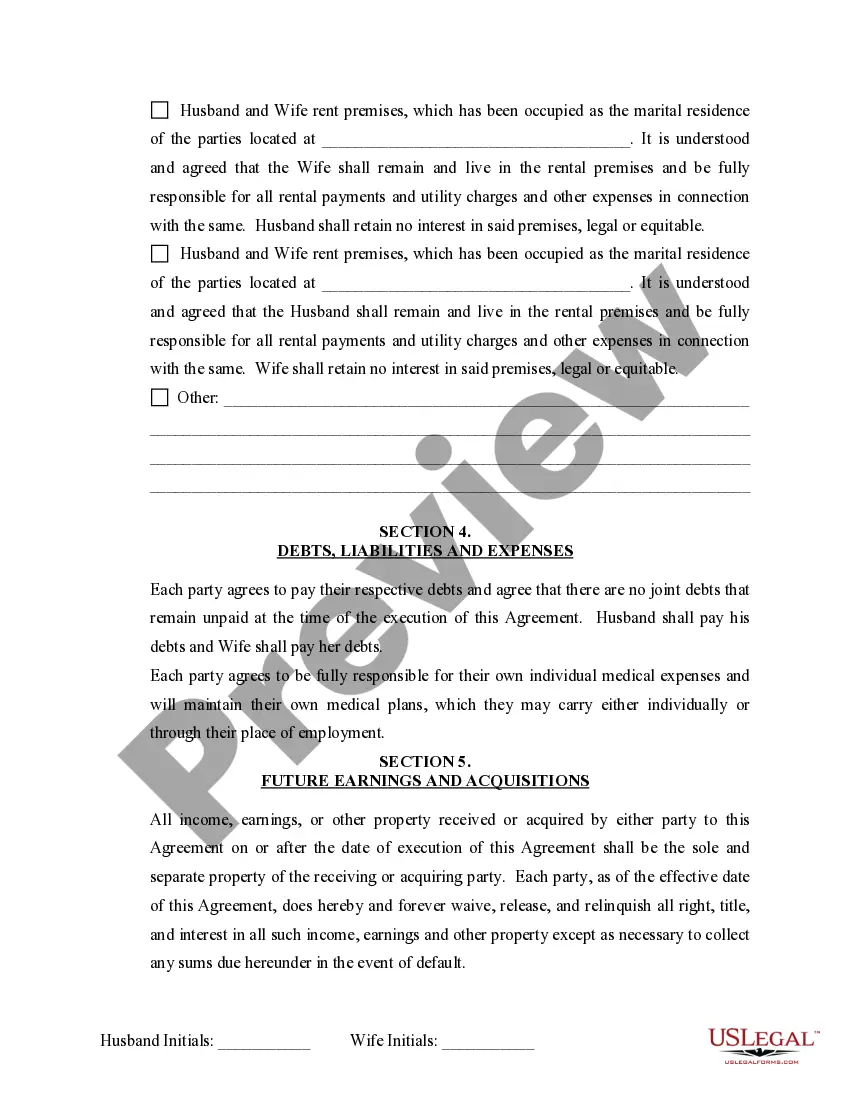 Preview Marital Domestic Separation and Property Settlement Agreement Minor Children no Joint Property or Debts where Divorce Action Filed