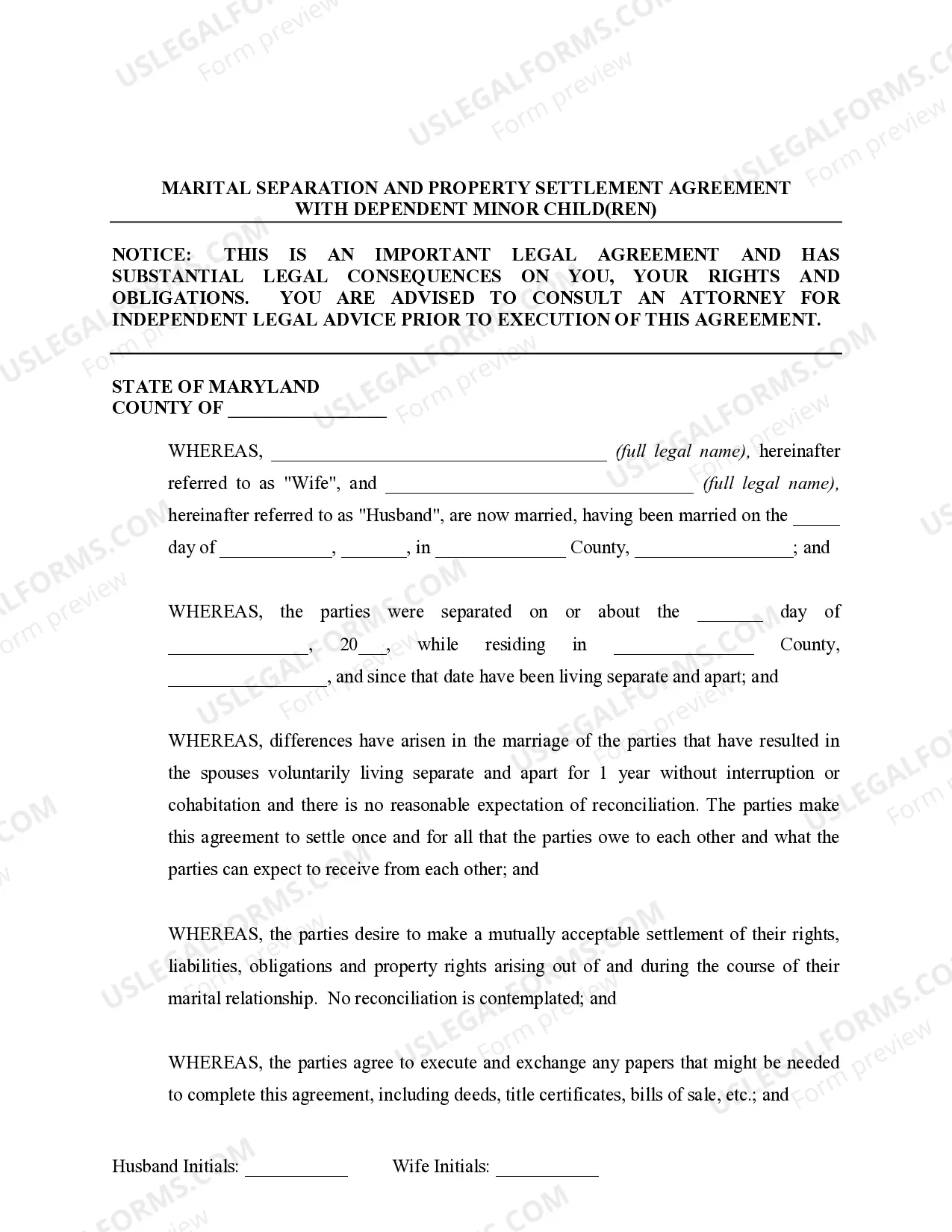 Preview Marital Domestic Separation and Property Settlement Agreement Minor Children no Joint Property or Debts effective Immediately