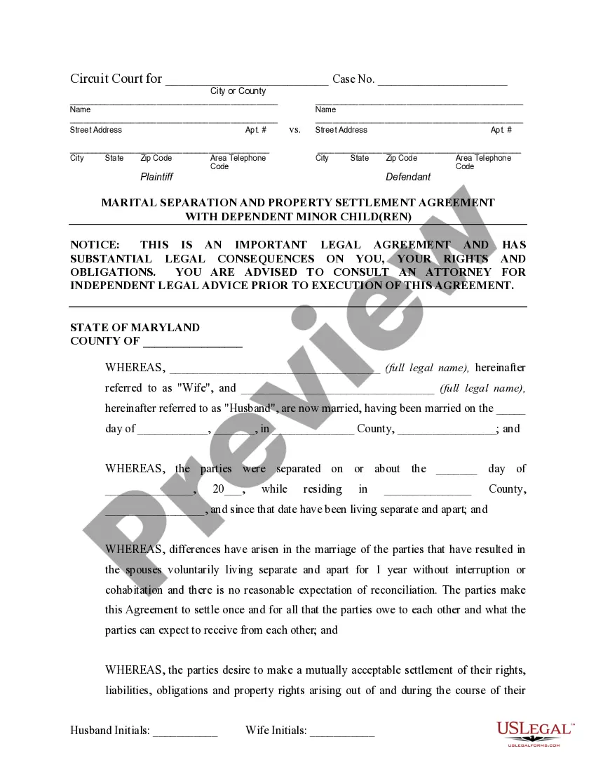 Preview Marital Domestic Separation and Property Settlement Agreement Minor Children Parties May have Joint Property or Debts where Divorce Action Filed