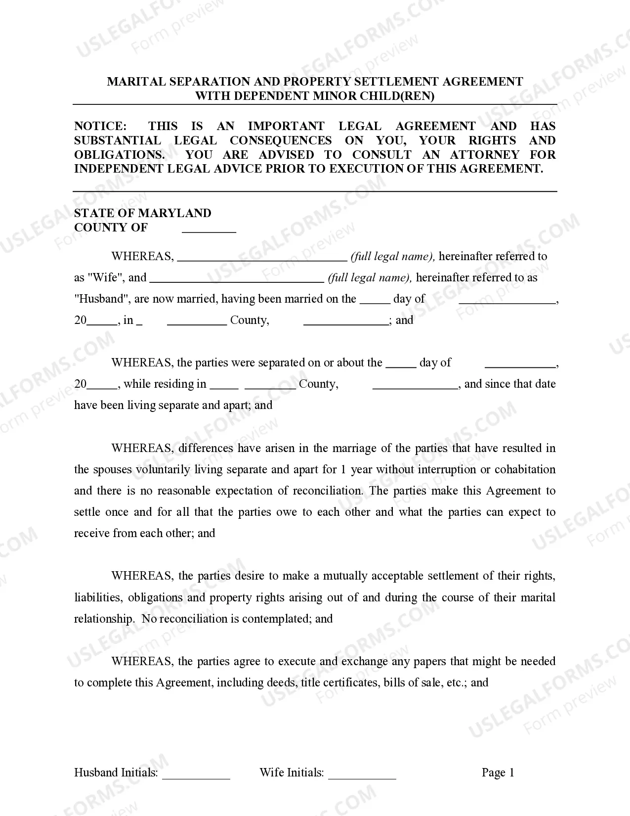 Preview Marital Domestic Separation and Property Settlement Agreement Minor Children Parties May have Joint Property or Debts Effective Immediately