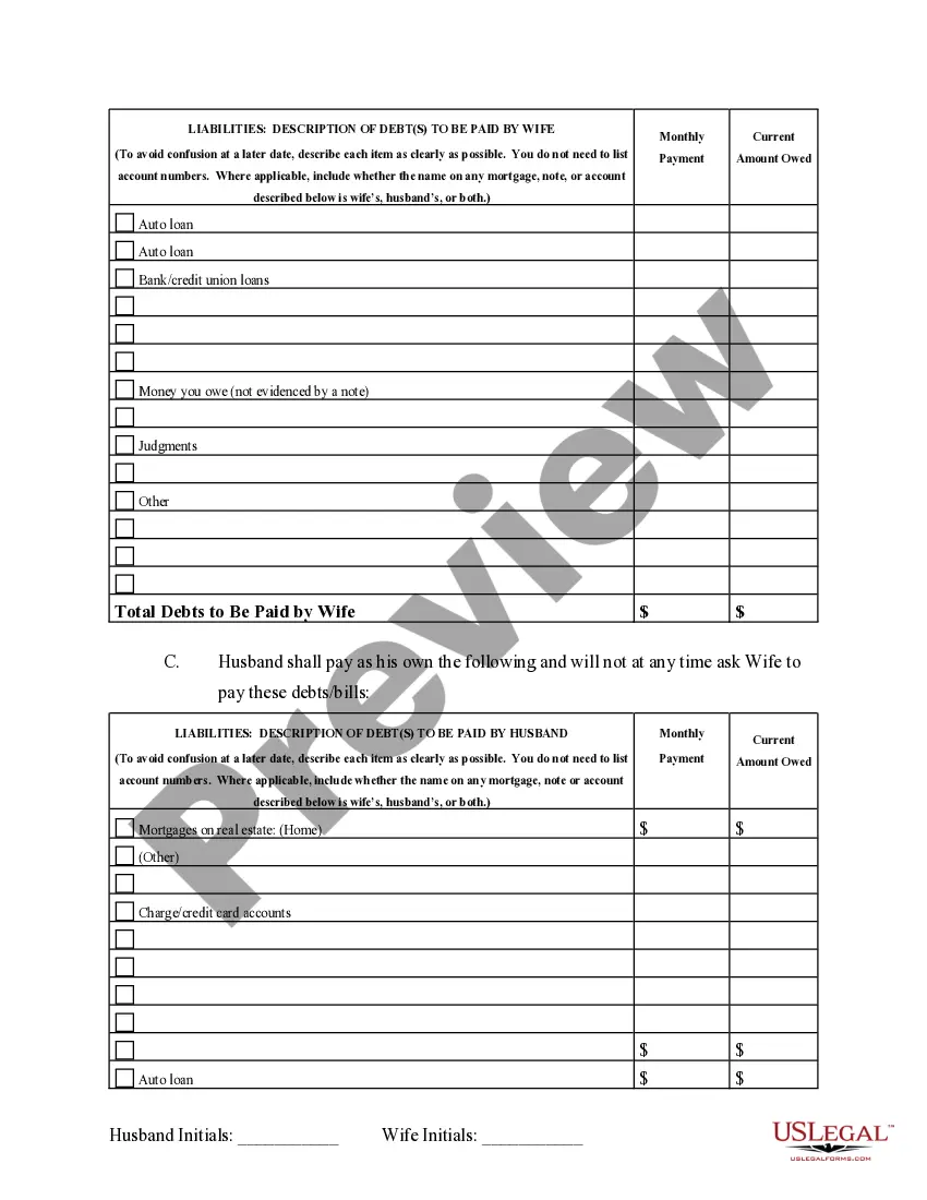 Preview Marital Domestic Separation and Property Settlement Agreement no Children parties may have Joint Property or Debts where Divorce Action Filed