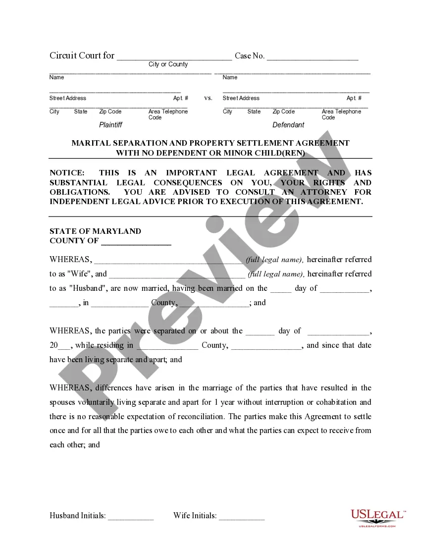 Preview Marital Domestic Separation and Property Settlement Agreement no Children parties may have Joint Property or Debts where Divorce Action Filed