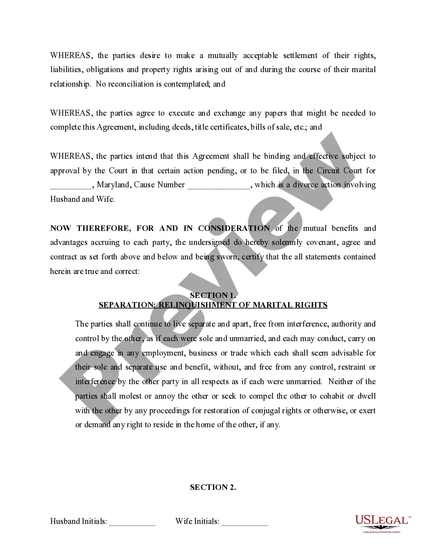 Preview Marital Domestic Separation and Property Settlement Agreement no Children parties may have Joint Property or Debts where Divorce Action Filed