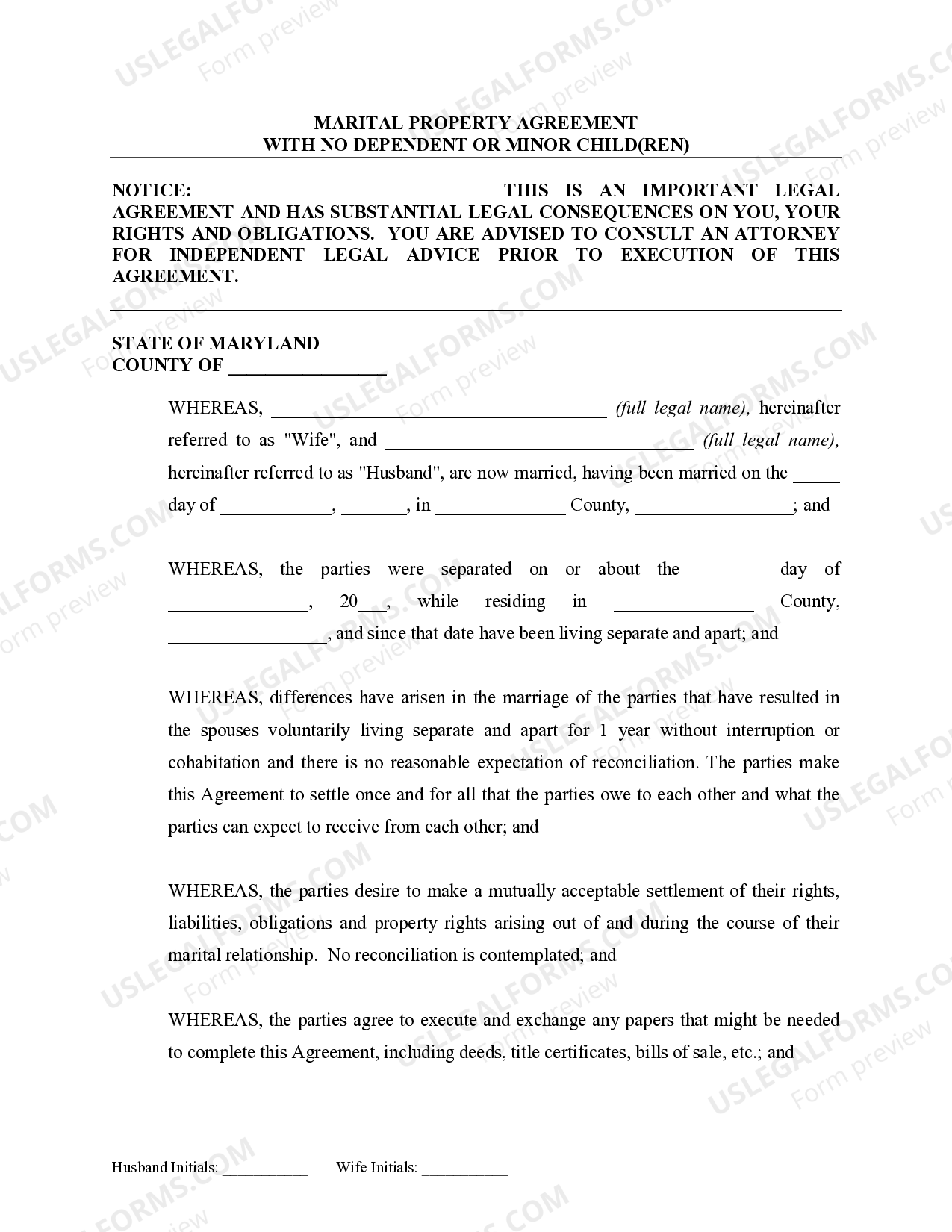 Maryland Marital Domestic Separation and Property Settlement Agreement