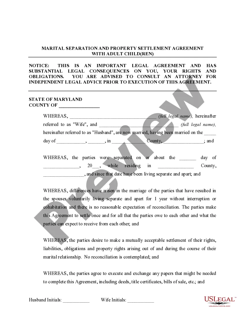 Get Marital Domestic Separation and Property Settlement Agreement Adult Children Parties May have Joint Property or Debts effective Immediately Preview Marital Domestic Separation and Property Settlement Agreement Adult Children Parties May have Joint Property or Debts effective Immediately