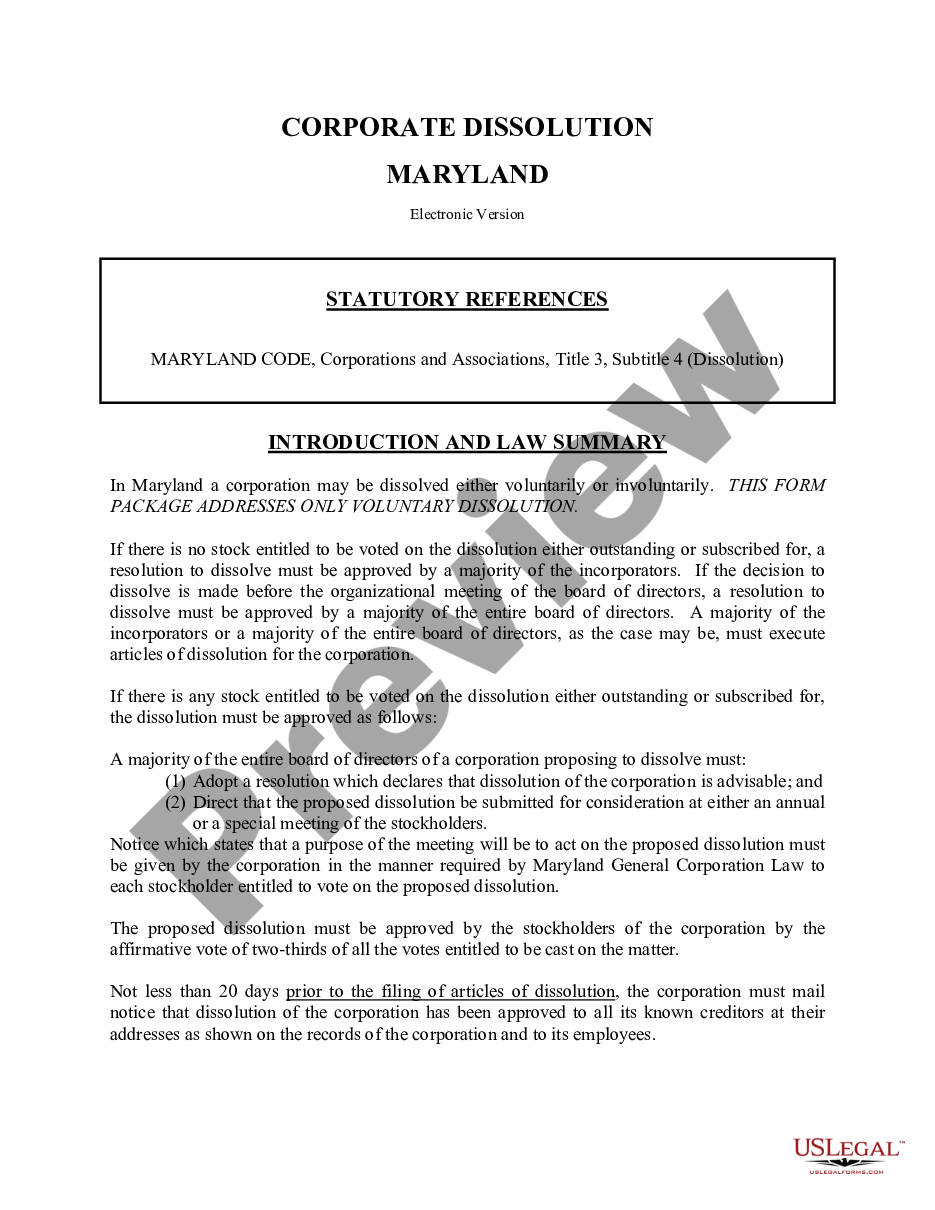 page 0 Maryland Dissolution Package to Dissolve Corporation preview