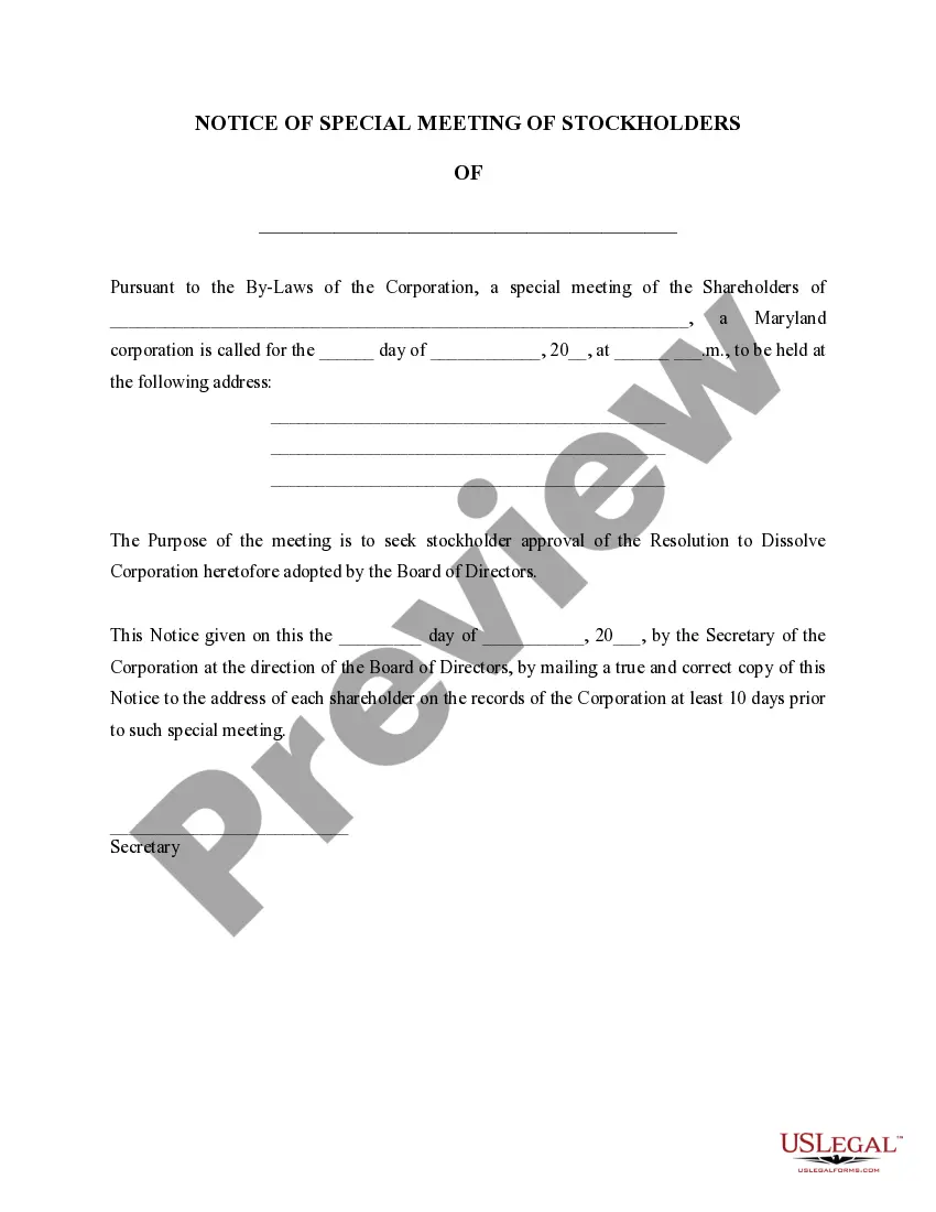 Get Maryland Dissolution Package to Dissolve Corporation Preview Maryland Dissolution Package to Dissolve Corporation
