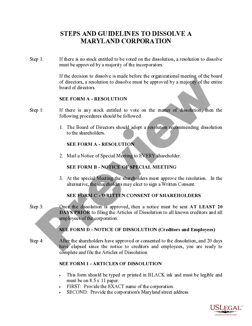 Get Maryland Dissolution Package to Dissolve Corporation Preview Maryland Dissolution Package to Dissolve Corporation