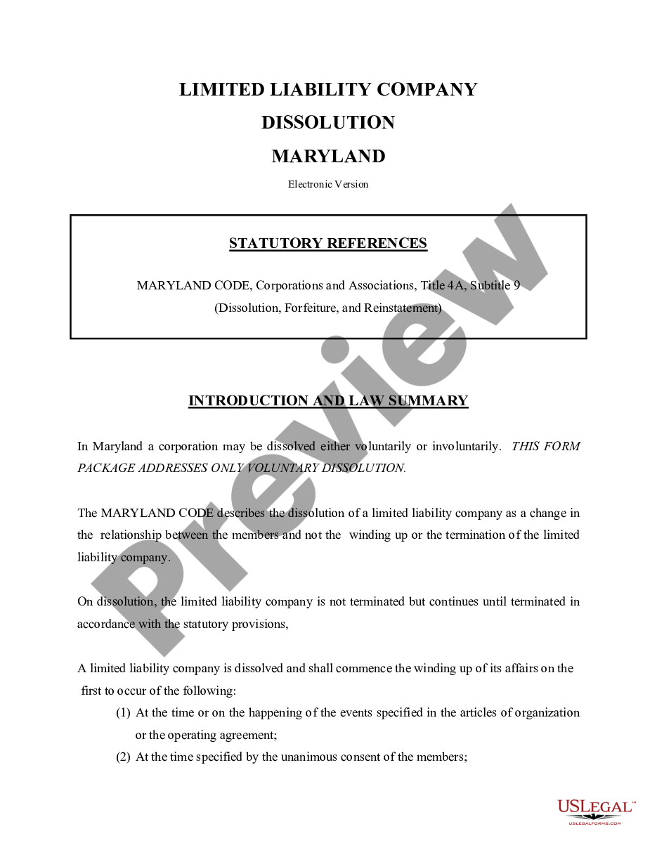 page 0 Maryland Dissolution Package to Dissolve Limited Liability Company LLC preview