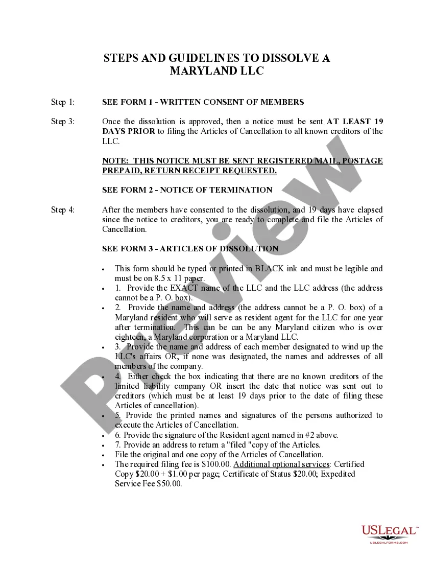 Get Maryland Dissolution Package to Dissolve Limited Liability Company LLC Preview Maryland Dissolution Package to Dissolve Limited Liability Company LLC
