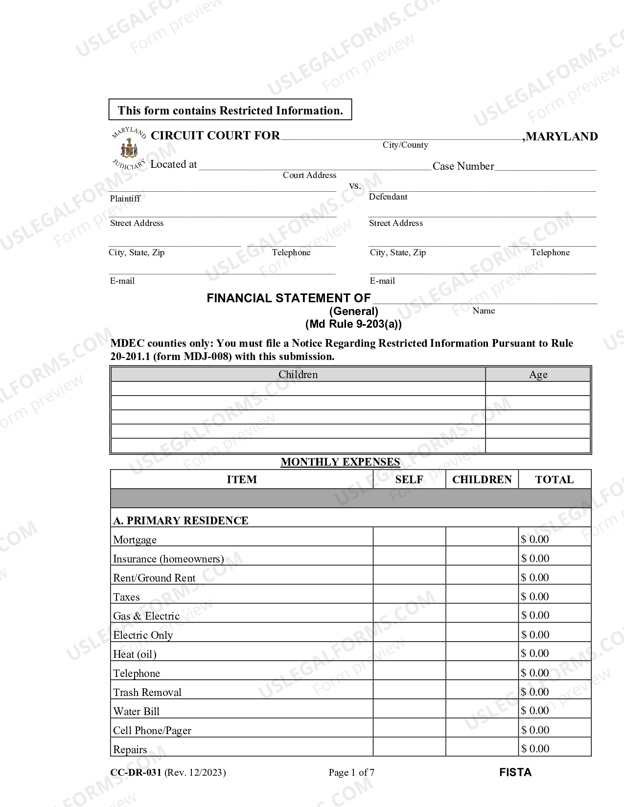 Maryland Financial Statement | US Legal Forms