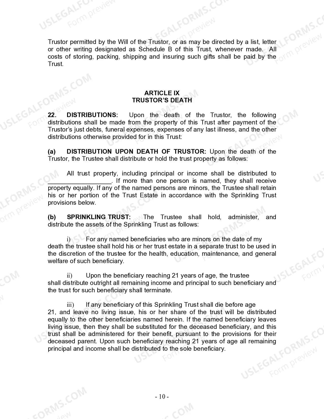 Preview Living Trust for Individual Who is Single, Divorced or Widow (or Widower) with No Children