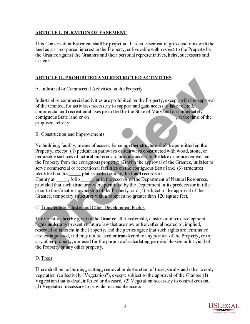 Maryland Deed of Conservation Easement For Beauty and Recreational