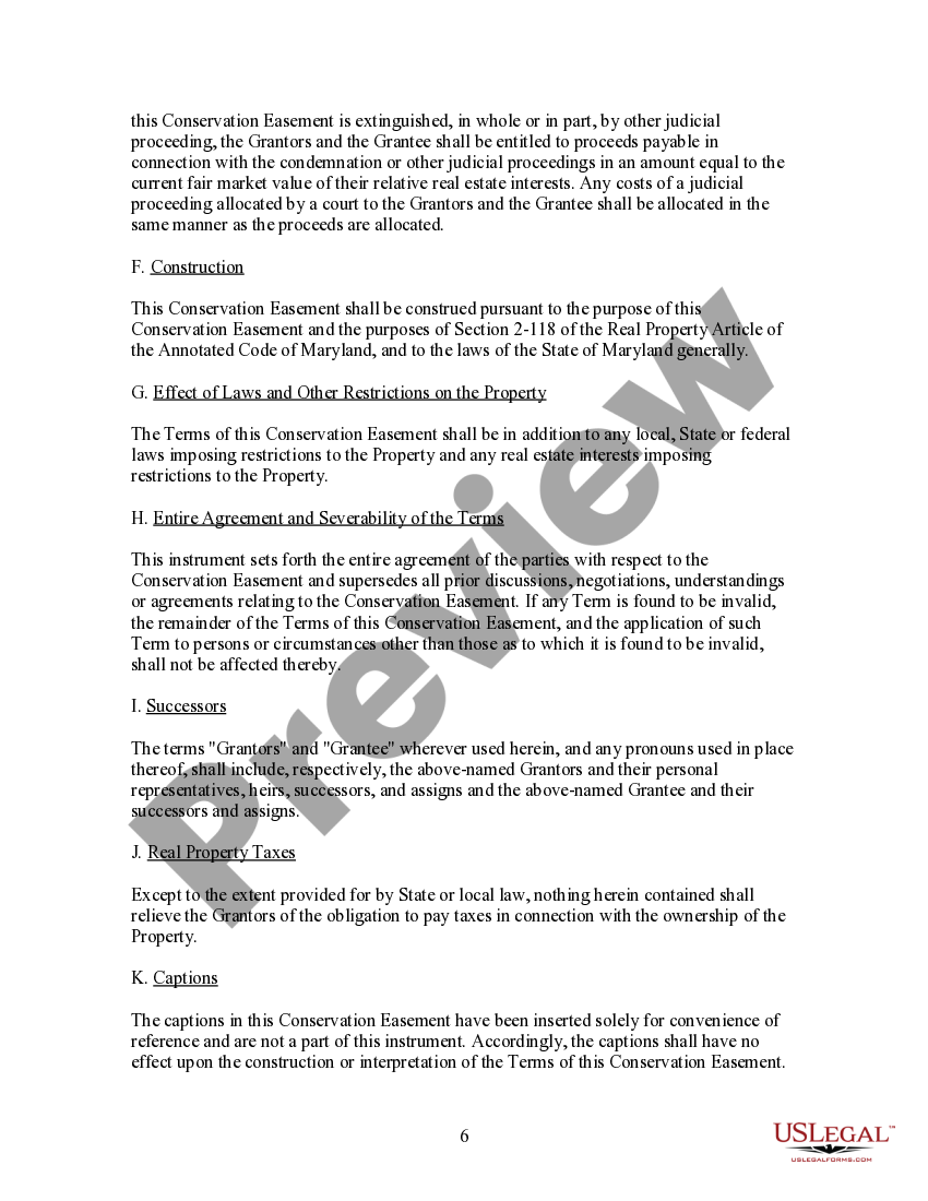 Maryland Deed of Conservation Easement For Beauty and Recreational