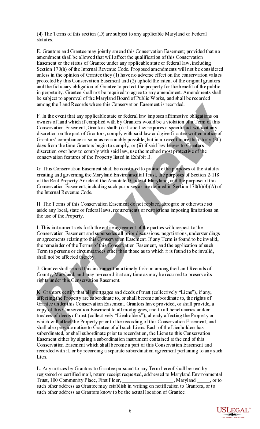 Maryland General Deed of Conservation Easement Maryland Easement US