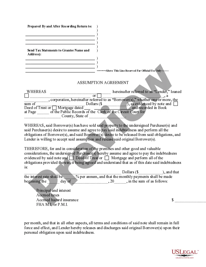 Preview Assumption Agreement of Deed of Trust and Release of Original Mortgagors
