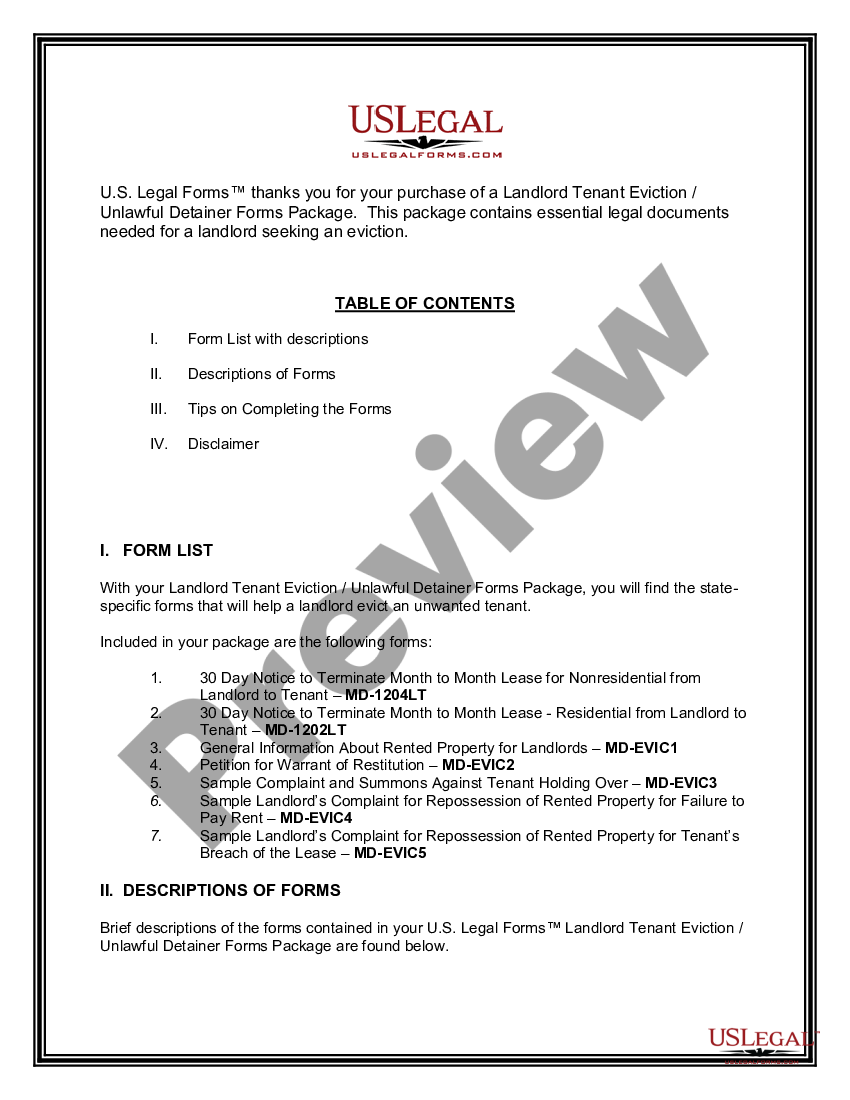 Maryland Landlord Tenant Eviction / Unlawful Detainer Forms Package