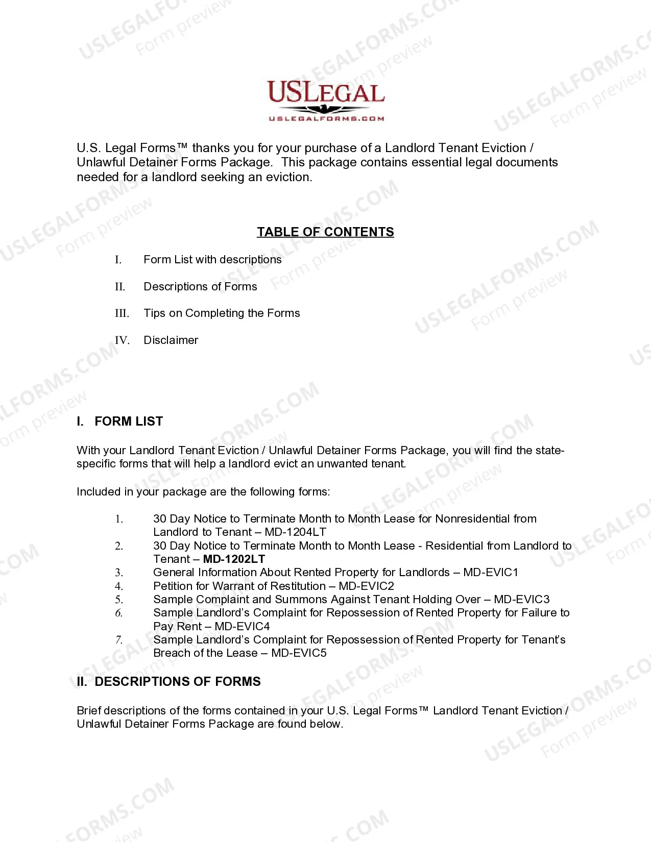 Preview Maryland Landlord Tenant Eviction / Unlawful Detainer Forms Package