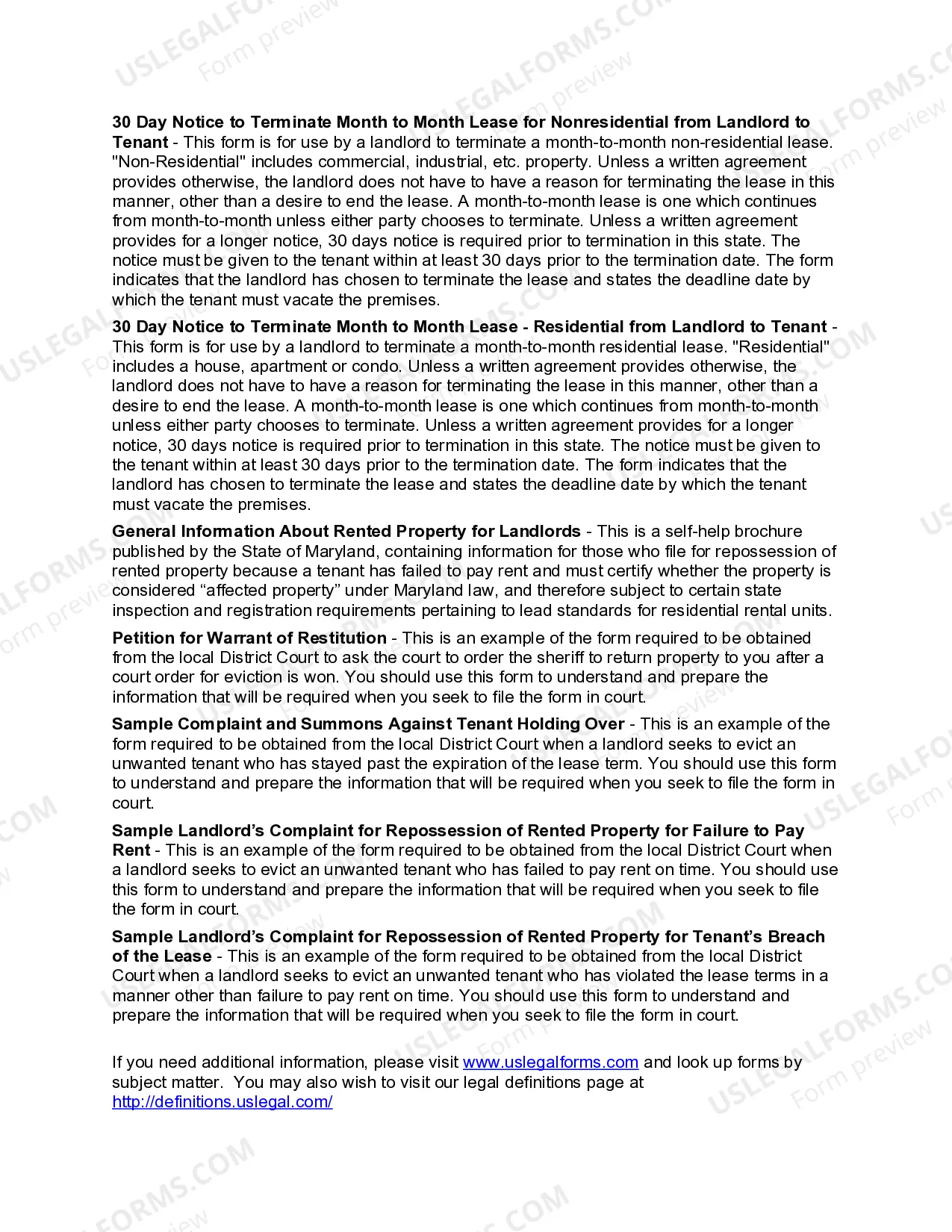Preview Maryland Landlord Tenant Eviction / Unlawful Detainer Forms Package