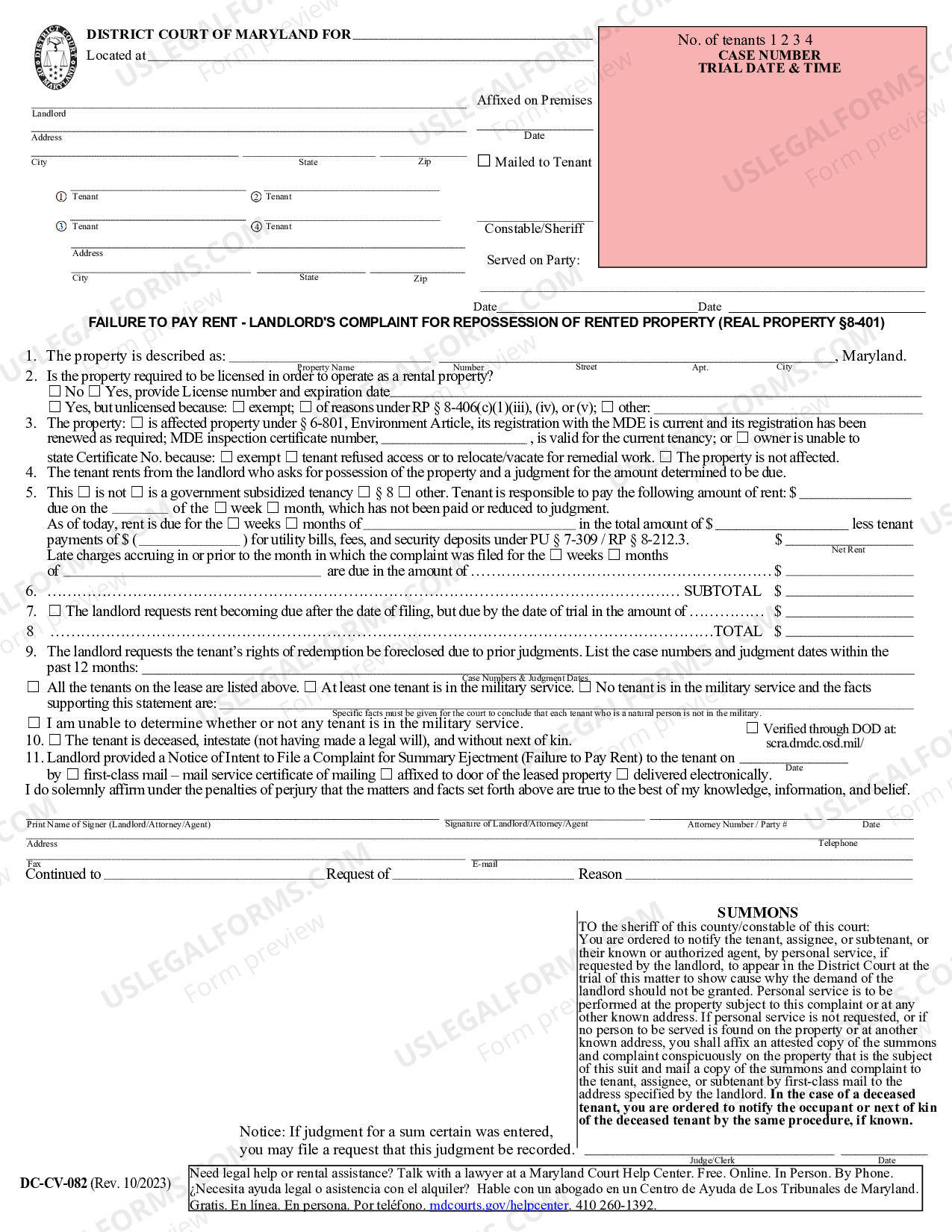 Maryland Sample Landlord Complaint for Repossession of Rented Property