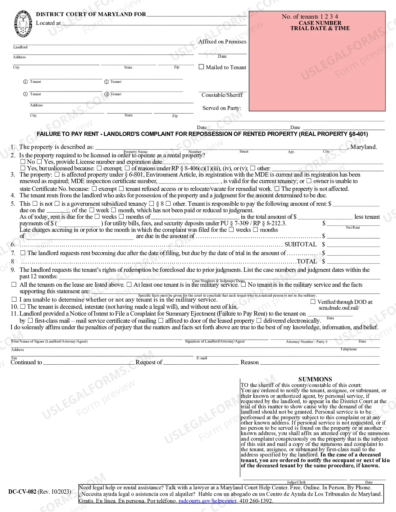 Preview Sample Landlord's Complaint for Repossession of Rented Property for Failure to Pay Rent
