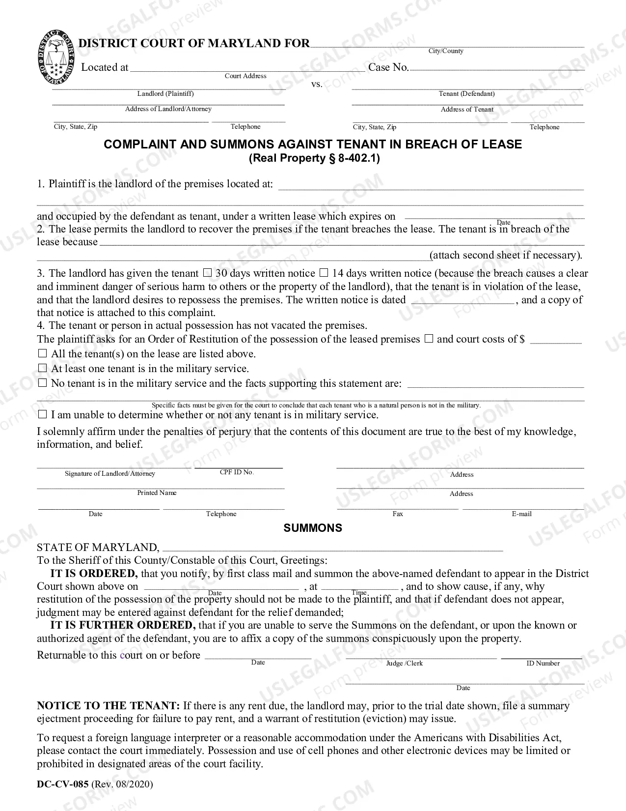 Preview Sample Landlord's Complaint for Repossession of Rented Property for Breach of Lease