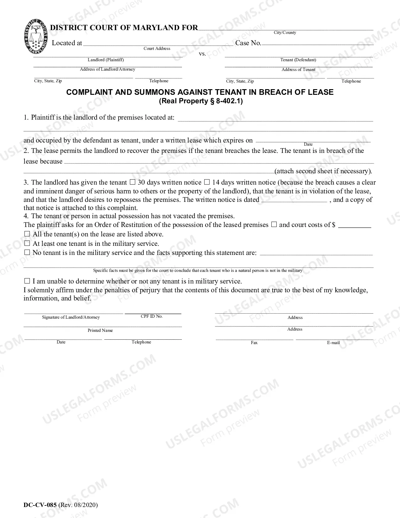 Preview Sample Landlord's Complaint for Repossession of Rented Property for Breach of Lease