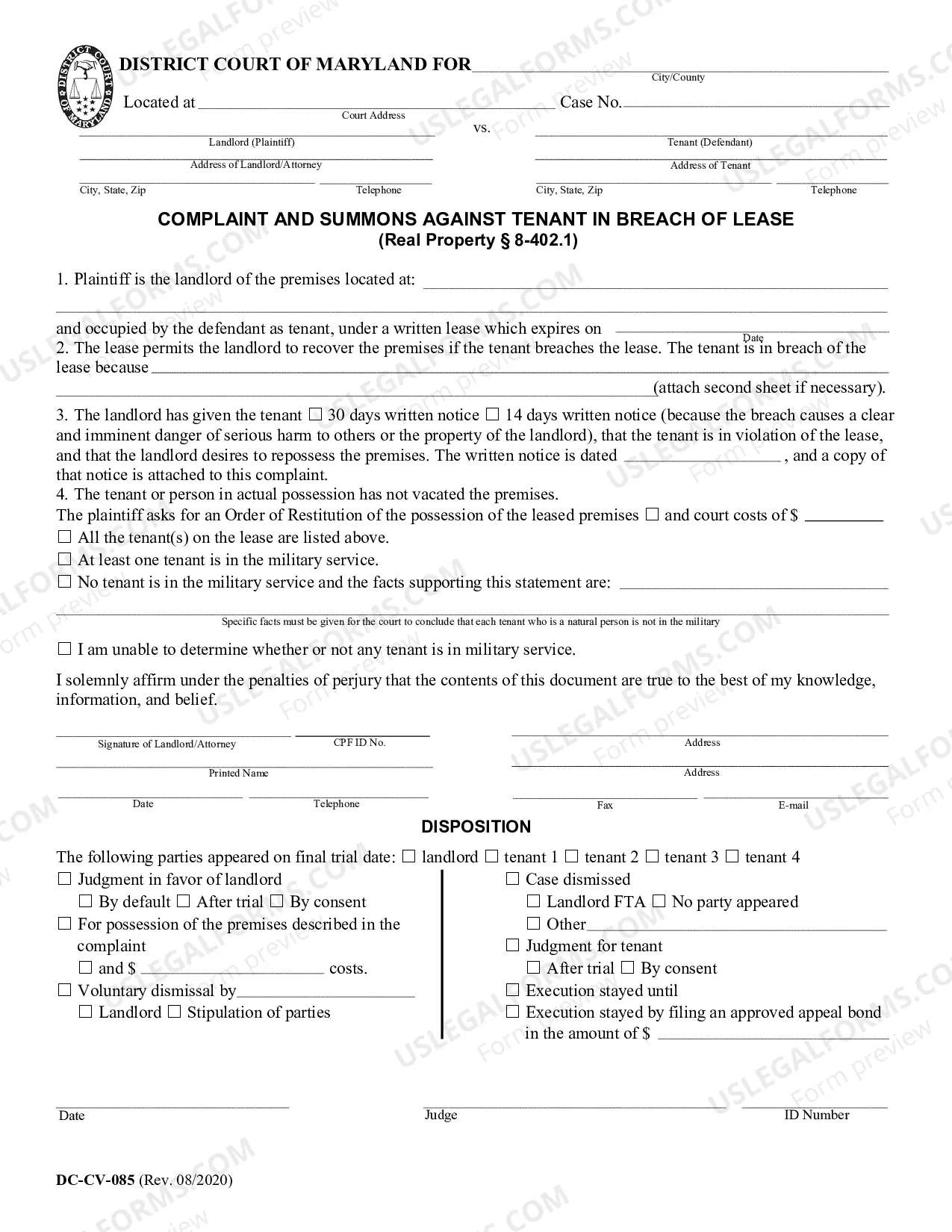 Preview Sample Landlord's Complaint for Repossession of Rented Property for Breach of Lease