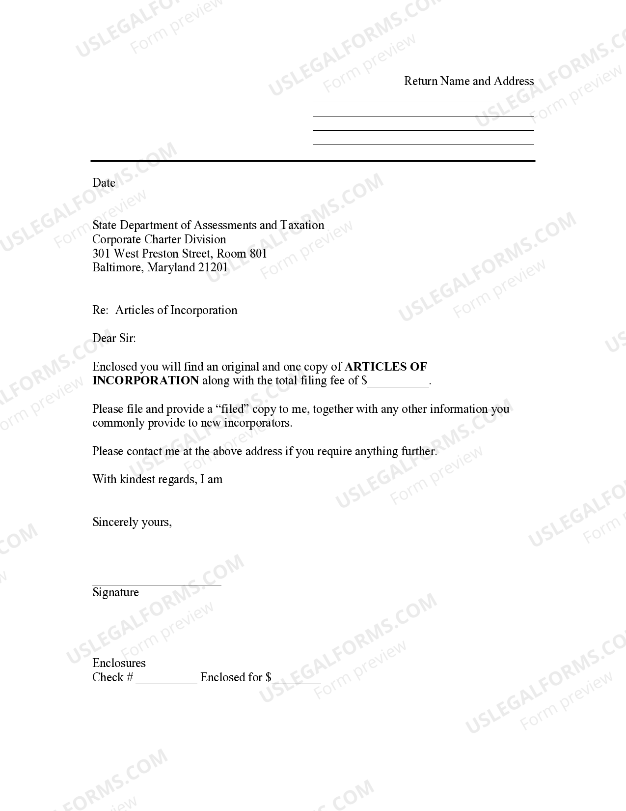 Sample Transmittal Letter to Secretary of State's Office to File Articles of Incorporation Md