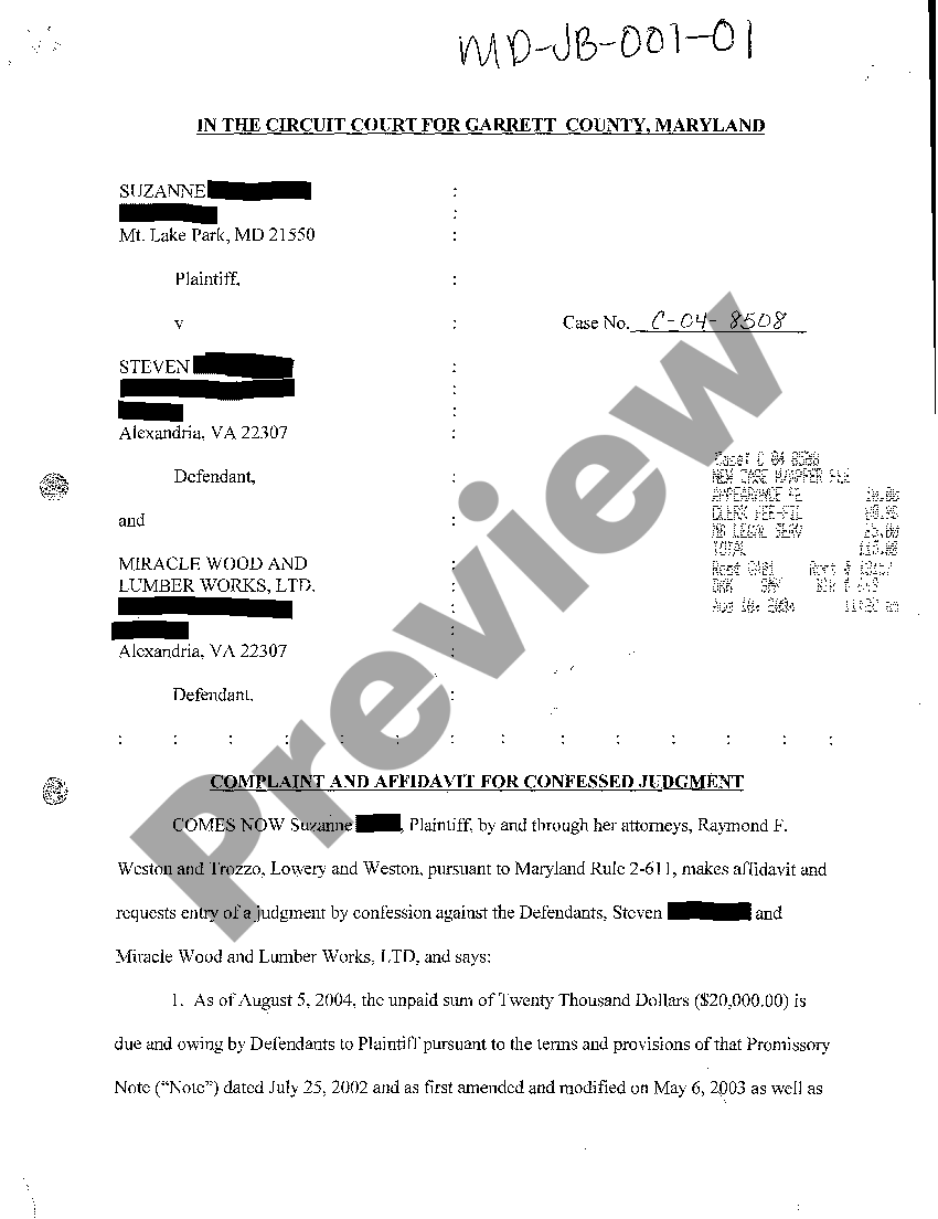 Maryland Complaint and Affidavit For Confessed Judgment Confessed