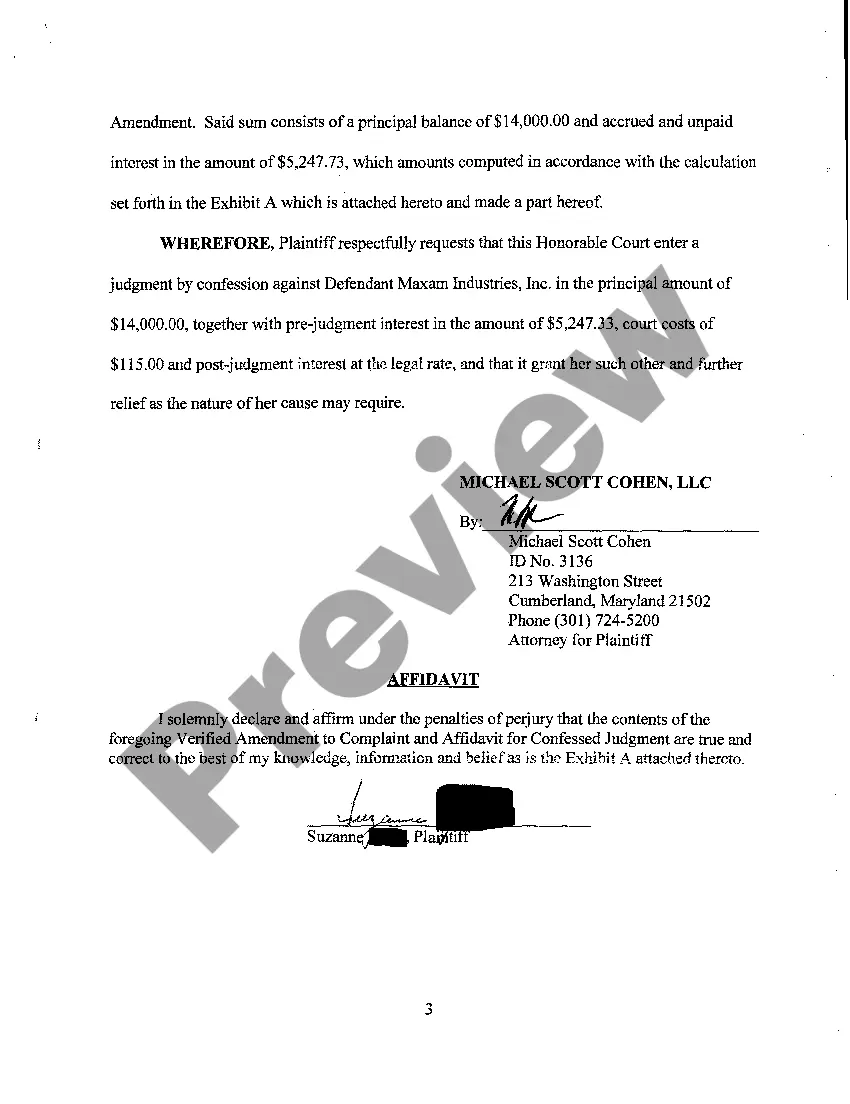 Get A09 Verified Amendment To Complaint and Affidavit For Confessed Judgment Preview A09 Verified Amendment To Complaint and Affidavit For Confessed Judgment