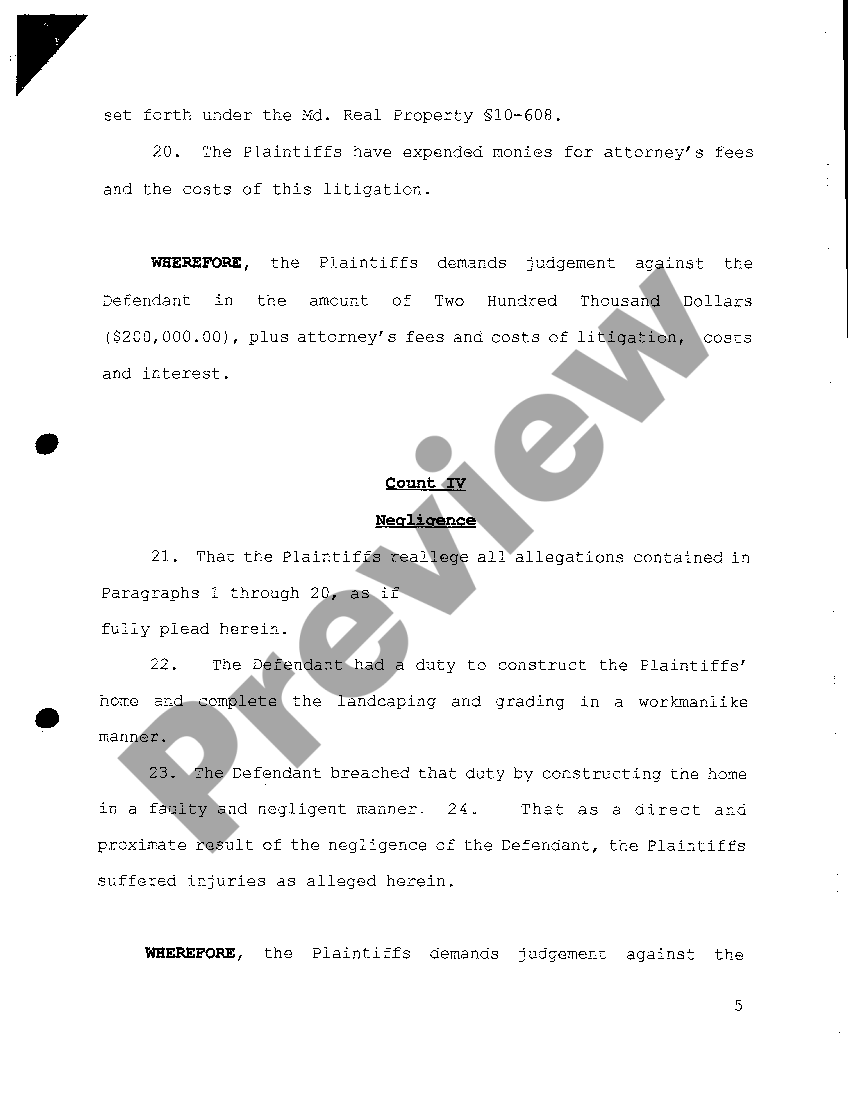 Maryland Complaint for Breach of Warranty on Construction of New Home